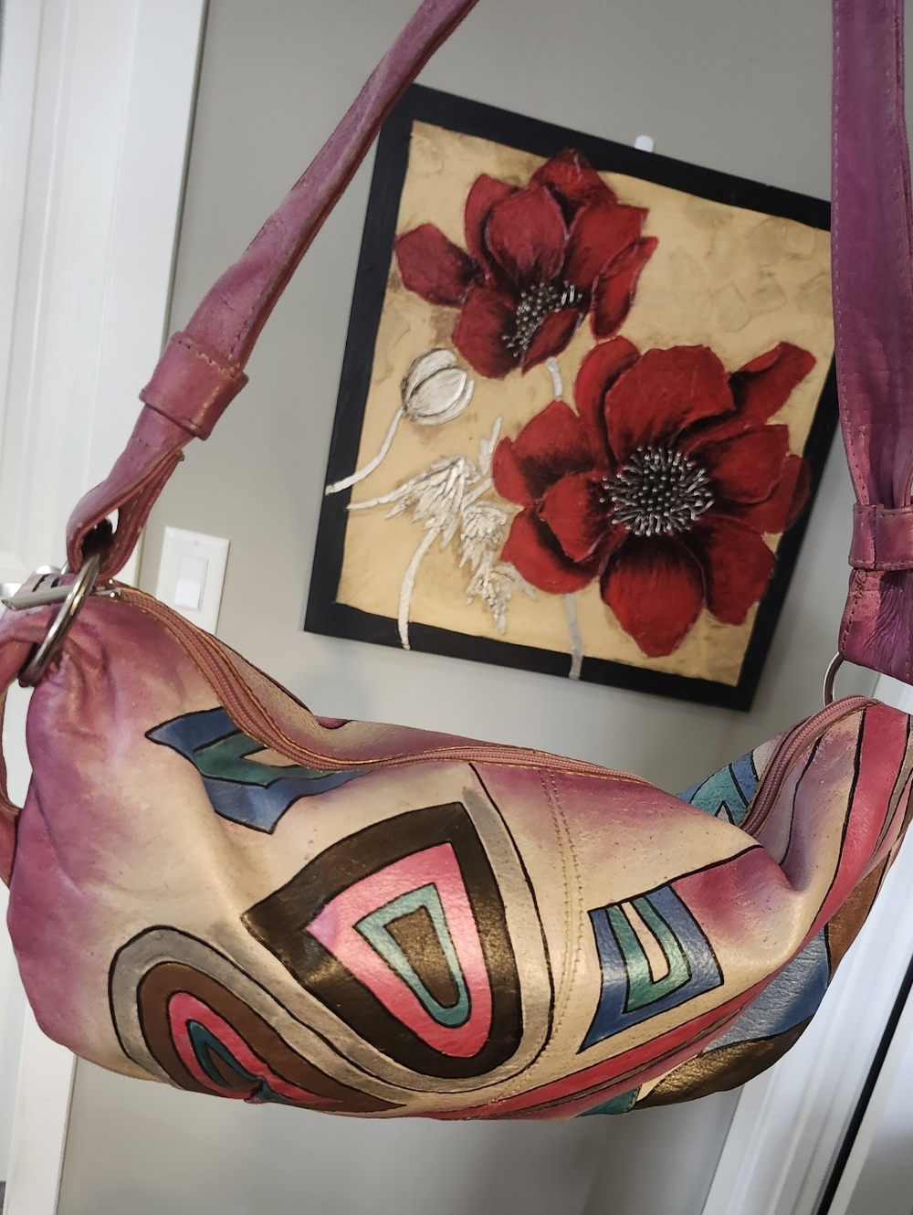 Colorful Hand-Painted Leather Hobo Bag - Pink, Teal & Silver Accents.